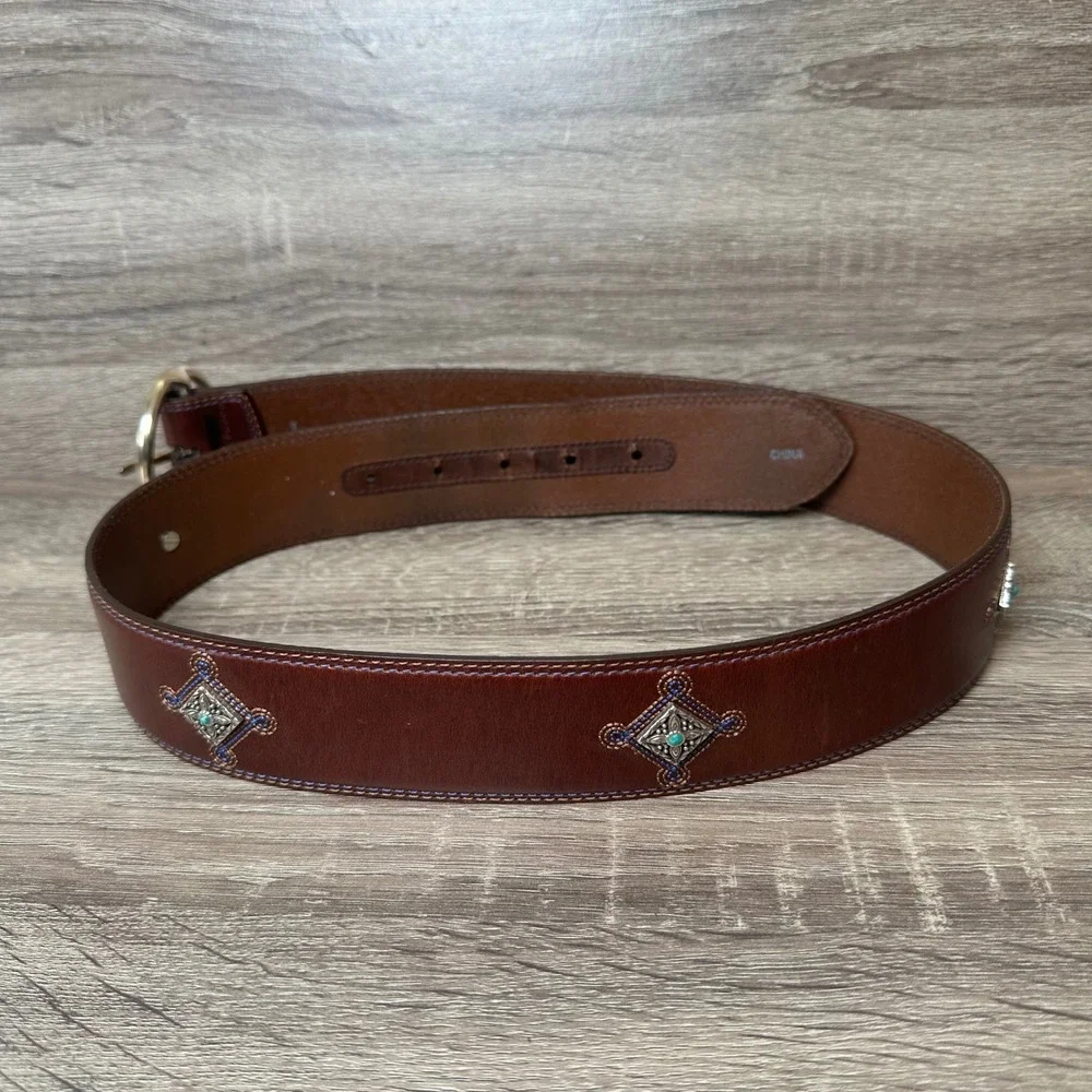 Brighton Womens Brown Leather Belt Turquoise Concho Gold Buckle Size L 34 B20415